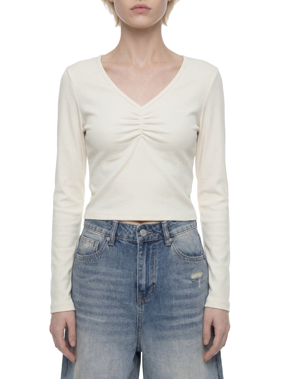 Women's Ruched Long Sleeve Crop T-Shirt